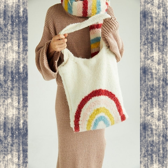 NWT Free People CARRY ON 🌈 Rainbow fuzzy teddy scarf + tote bag set NIP - Picture 2 of 11